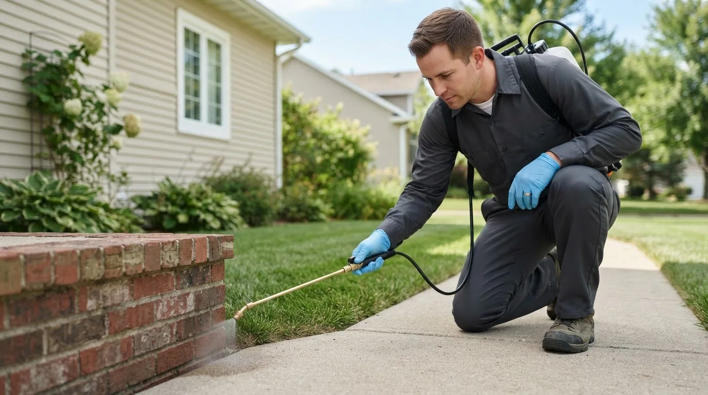 Pest control technician treating a home near Chesterland, OH