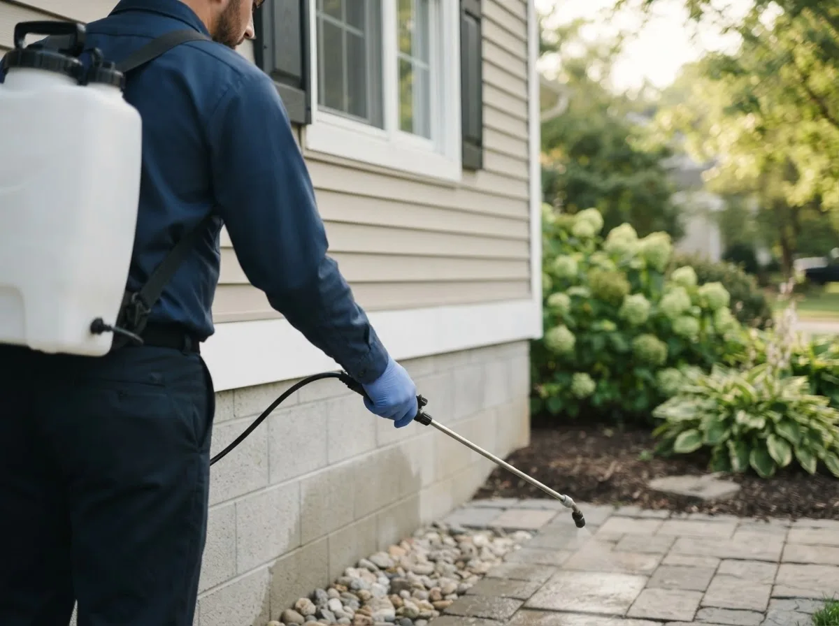 Pest control technician inspecting a home in Chesterland, OH